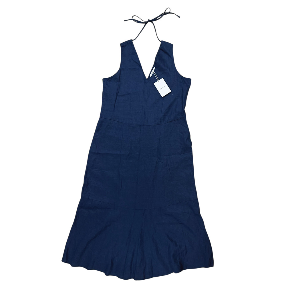 NEW Everlane 100% Linen Maxi Dress Size M Navy Blue Tie V-Neck Lined Coastal NWT